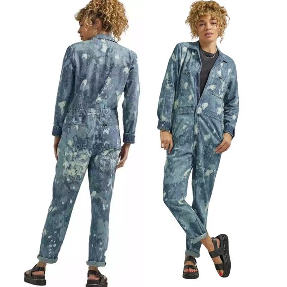 NEW Lee Women's Denim Splatter Union-Alls Coverall Great Fog Sz Large Zip Front